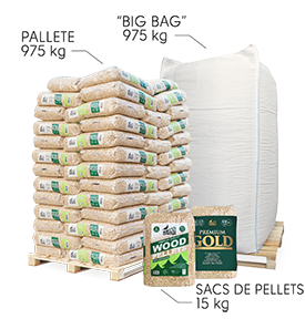 Pallete 975kg, Big Bag 1000kg, sacs de pellets15kg